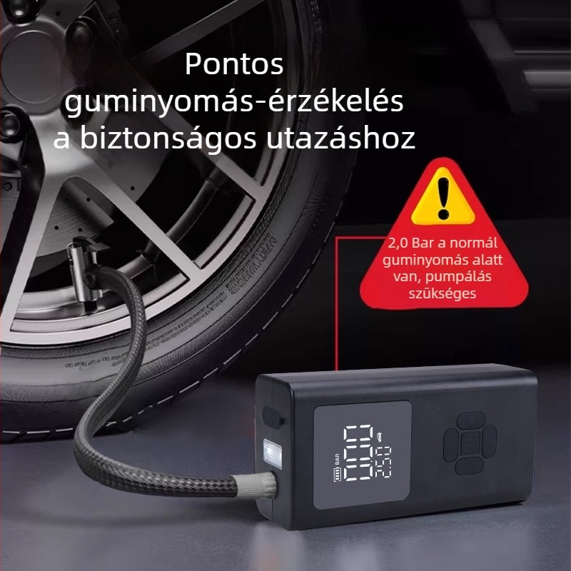 USB-s autó légpumpa, hordozható otthoni használatra, beépített akkumulátorral és gyújtóval, 12V, duplahengeres, LCD kijelző