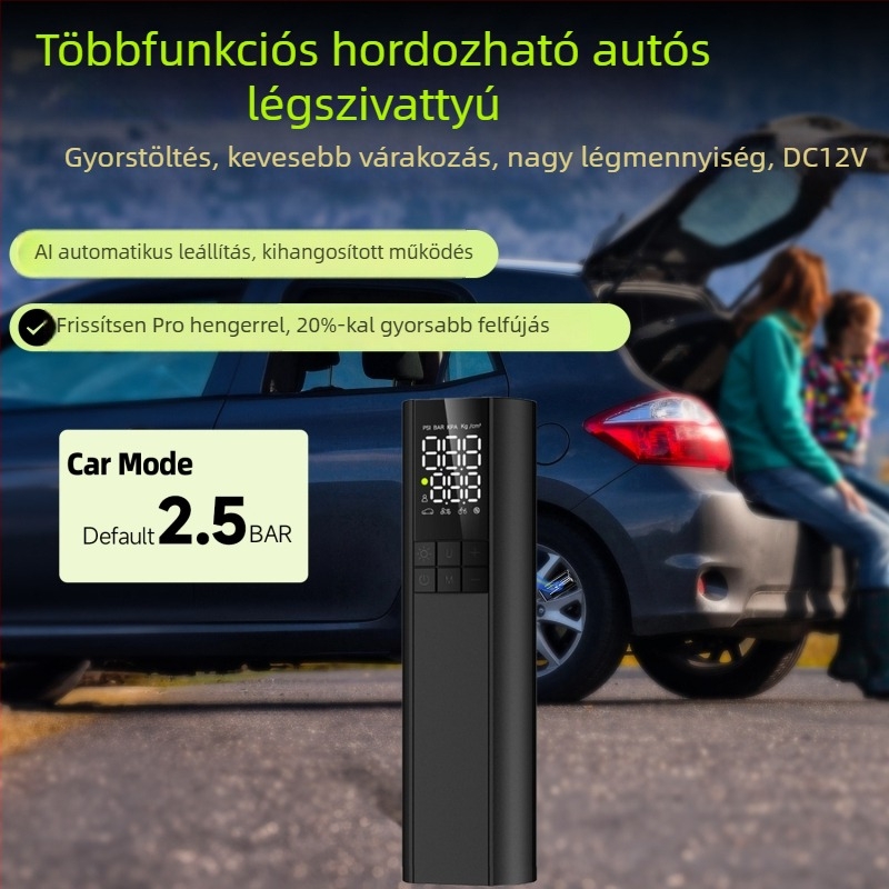Vezeték nélküli hordozható autó- és kerékpárnyomás-szivattyú digitális kijelzővel és beépített fénnyel, 12V, 100W, 3 m hosszú kábel, 38 cm tömlő
