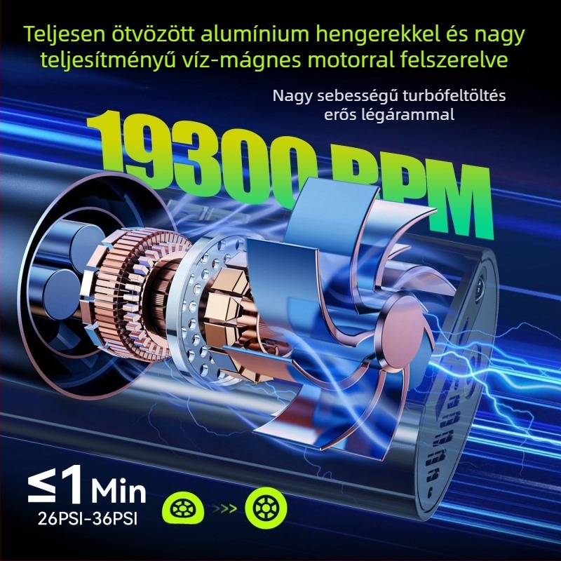 Vezeték nélküli hordozható autó- és kerékpárnyomás-szivattyú digitális kijelzővel és beépített fénnyel, 12V, 100W, 3 m hosszú kábel, 38 cm tömlő