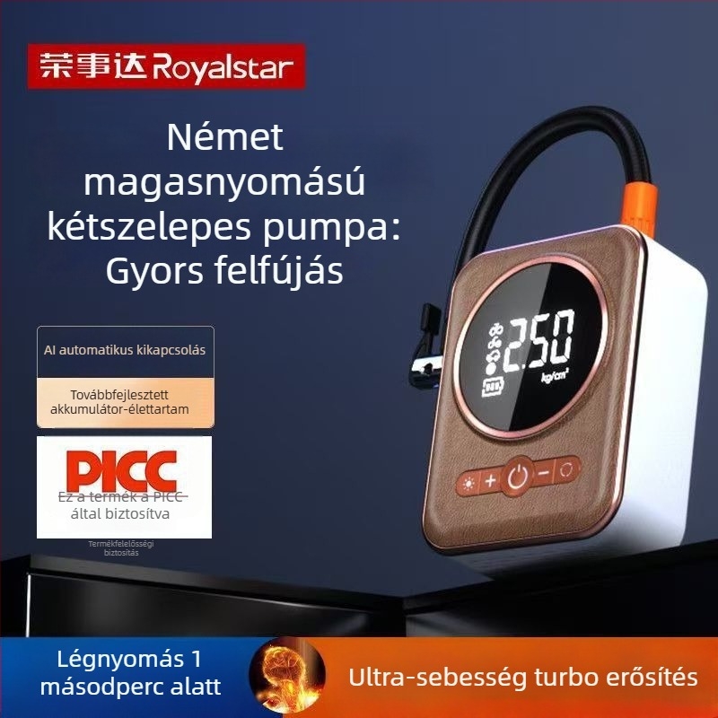 Autó és motorkerékpár légpumpa – vezeték nélküli vészhelyzeti felfújó, digitalis kijelzővel, 12V, 80W, 35 L/perc, rendkívül gyors felfújás
