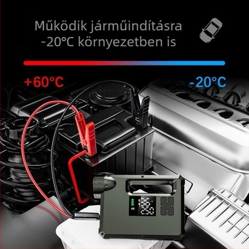 Autó Mentőenergia Bank Beépített Légpumpával - 14.8V Akkumulátor, Csúcsáram 1000A, 60 cm Felfújócső, 70 L/min Légáram, Digitális Kijelző