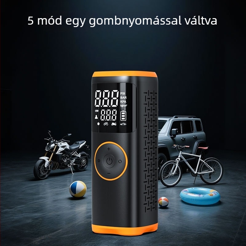 Gépkocsi légpumpa digitális kijelzővel, vezeték nélküli kettős áramforrással, hordozható – 12V, lítiumakkumulátor, 3 m kábel, 35 L/min, 120 W