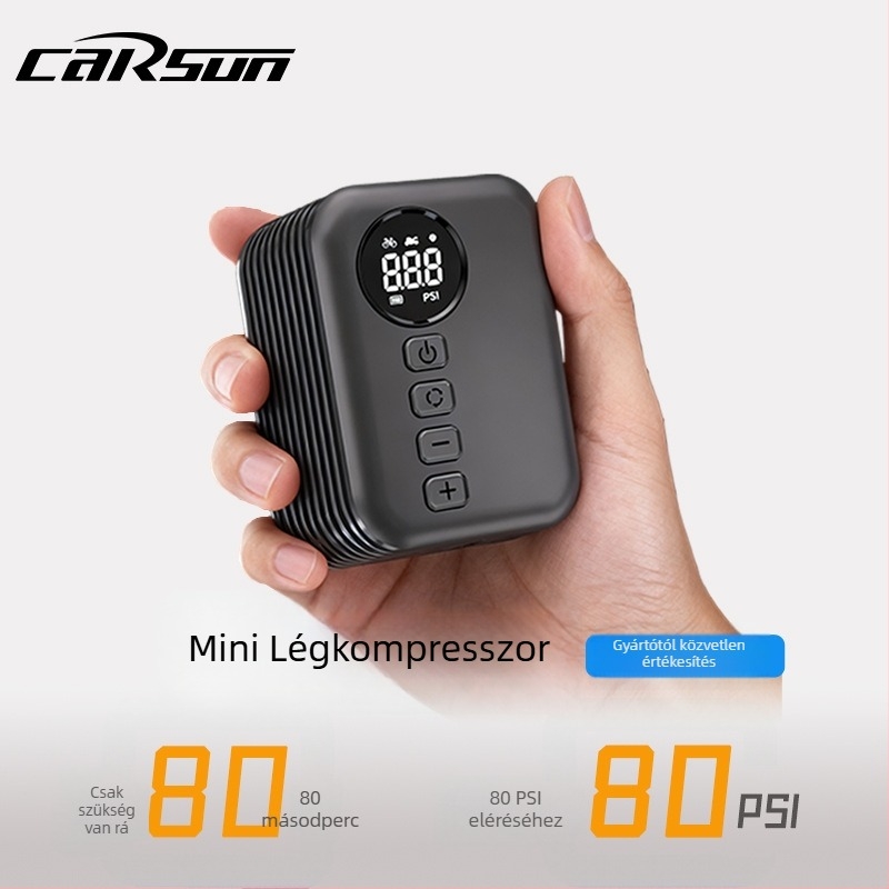 12V-os hordozható kerékpárpumpa digitális kijelzővel és guminyomásmérővel, 25 L/min levegőáram, újratölthető