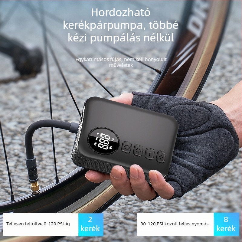 12V-os hordozható kerékpárpumpa digitális kijelzővel és guminyomásmérővel, 25 L/min levegőáram, újratölthető