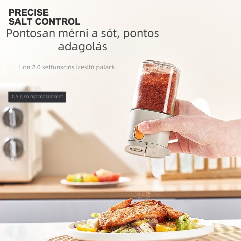 Üvegből készült sótartó dupla nyílású adagolóval, pontos adagolás, konyhai nyomó adagoló