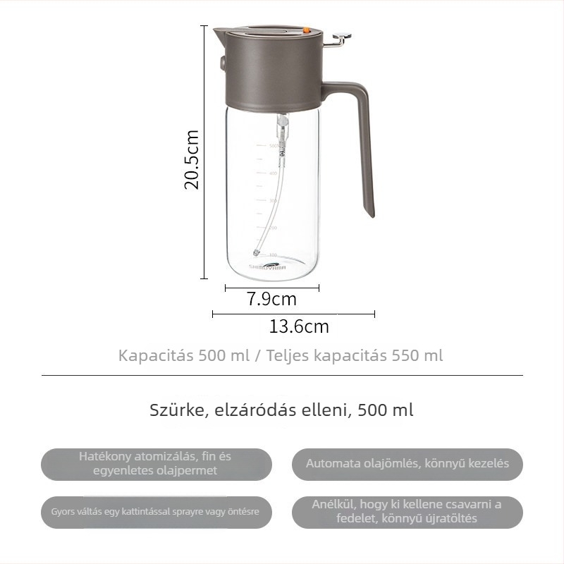 Olajtartó edény permetezővel, üvegből, kettős funkciójú atomizálás, automatikus nyitás-zárás