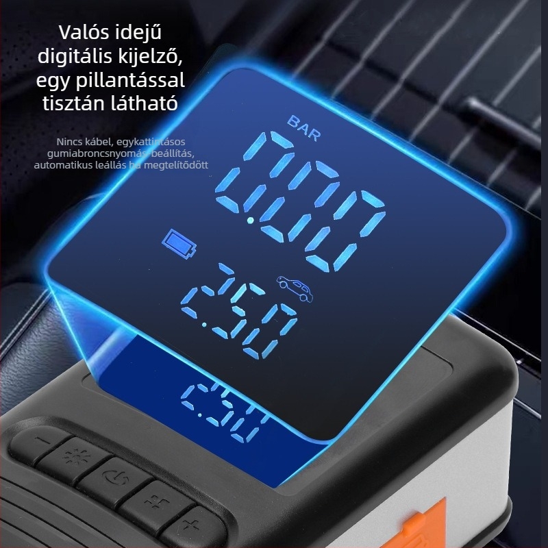 Autóba szerelhető hordozható vezeték nélküli levegőpumpa, digitális kijelzővel, magas nyomású, 12V, 80W, légáramlat 30 L/perc