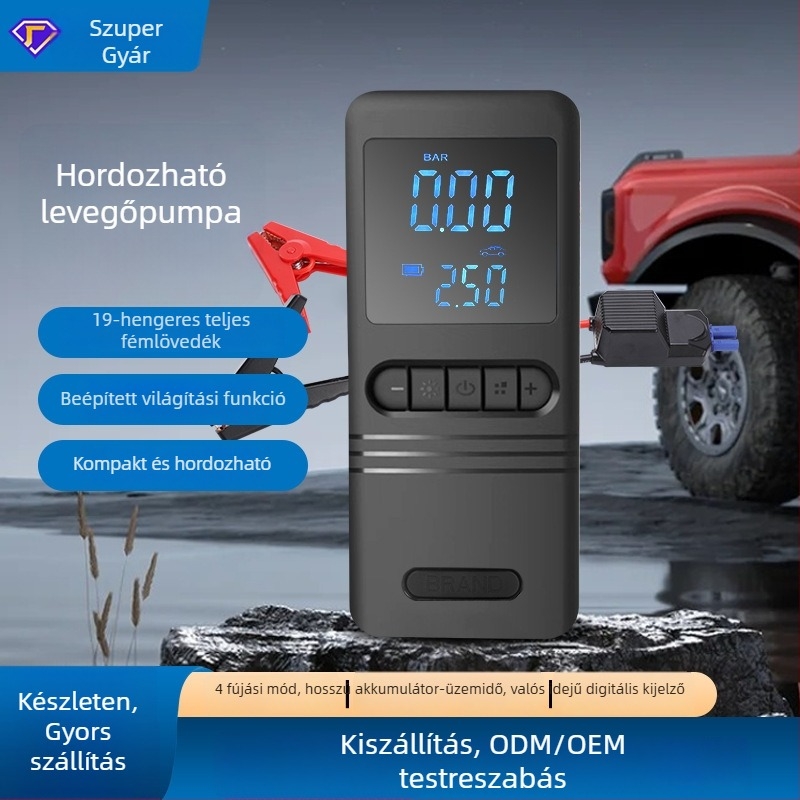 Autóba szerelhető hordozható vezeték nélküli levegőpumpa, digitális kijelzővel, magas nyomású, 12V, 80W, légáramlat 30 L/perc