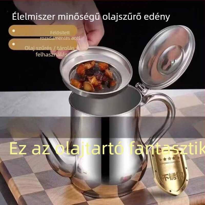 Rozsdamentes acélból készült olajtartó kanna szűrővel az olaj szétválasztásához és tárolásához; többfunkciós fűszertartó üveg