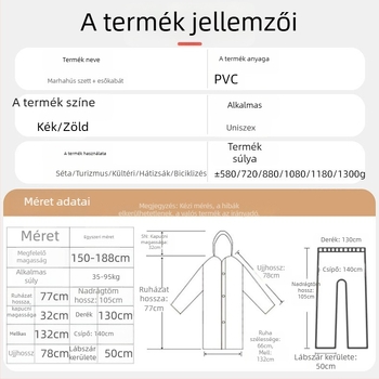 Felnőtt PVC esőponcho béléssel, vastag anyag, vízálló, 0,1–0,5 mm szövet vastagság, kültéri túrákhoz