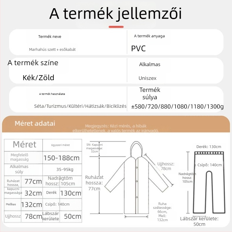 Felnőtt PVC esőponcho béléssel, vastag anyag, vízálló, 0,1–0,5 mm szövet vastagság, kültéri túrákhoz