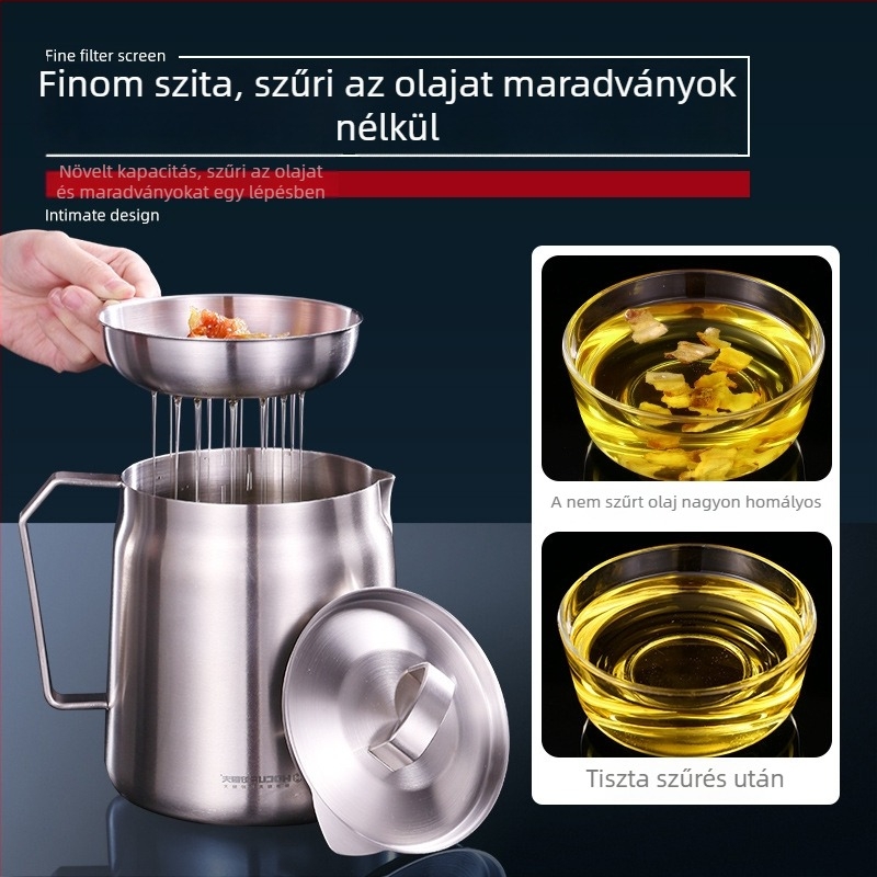 Rozsdamentes acél olajtartó edény szűrővel, konyhai olajatároló 304