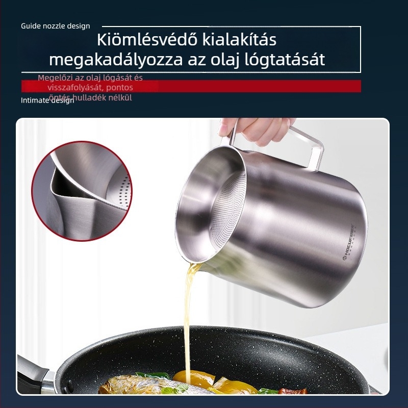 Rozsdamentes acél olajtartó edény szűrővel, konyhai olajatároló 304