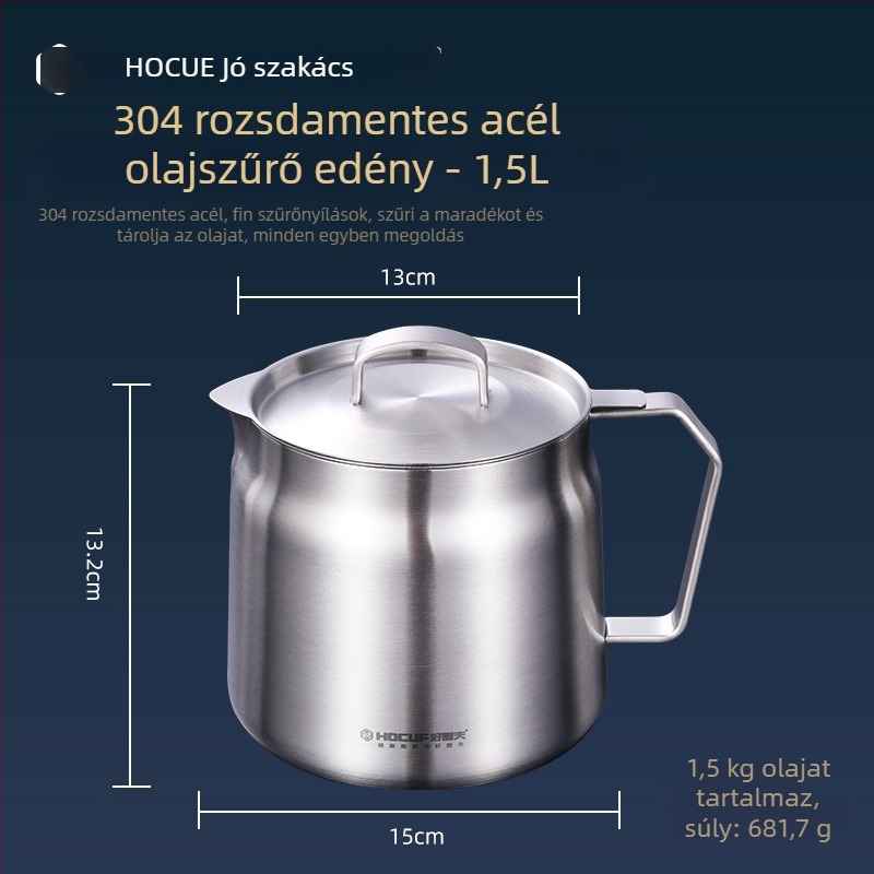 Rozsdamentes acél olajtartó edény szűrővel, konyhai olajatároló 304