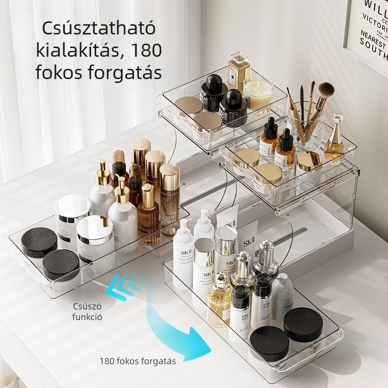 Forgó kozmetikai rendező asztali tárolóval, kihúzható rekesz, PET anyag, minimalist stílus