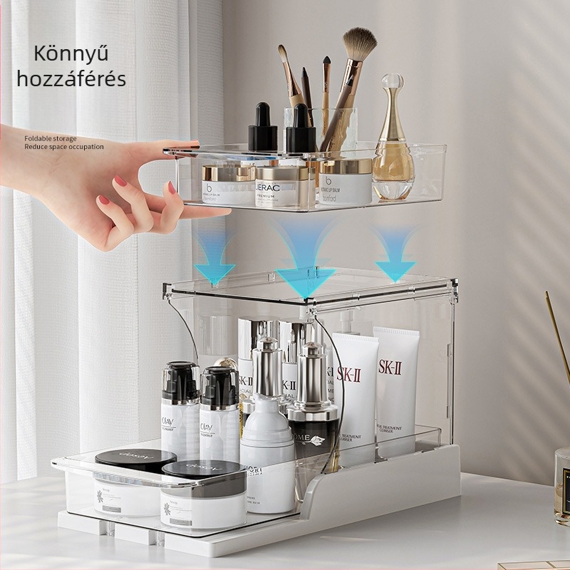 Forgó kozmetikai rendező asztali tárolóval, kihúzható rekesz, PET anyag, minimalist stílus