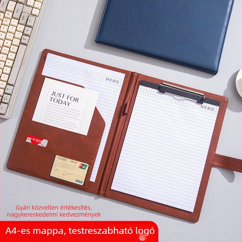 A4 bőrtok dokumentummappa erős klipsz-szel, logónyomtatással és testreszabott feldolgozással