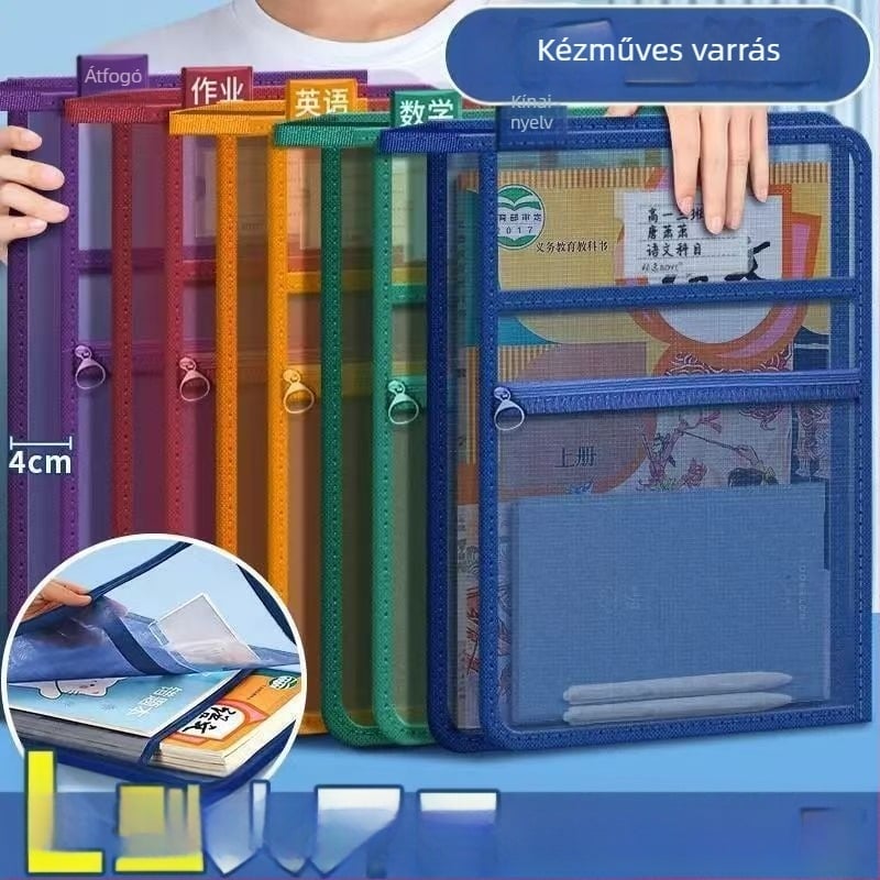 A4-es méretű, vastagított retro L-alakú fájl táska hálós anyaggal, tantárgyankénti rendezéssel, nagy kapacitású könyvek és dolgozatok számára