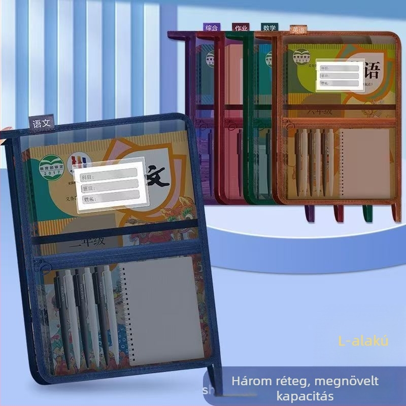A4-es méretű, vastagított retro L-alakú fájl táska hálós anyaggal, tantárgyankénti rendezéssel, nagy kapacitású könyvek és dolgozatok számára