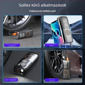 Duál táplálású autó-, motorkerékpár- és elektromos jármű infláló pumpa digitális kijelzővel, USB töltéssel és LED világítással