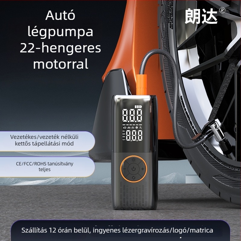 Duál táplálású autó-, motorkerékpár- és elektromos jármű infláló pumpa digitális kijelzővel, USB töltéssel és LED világítással