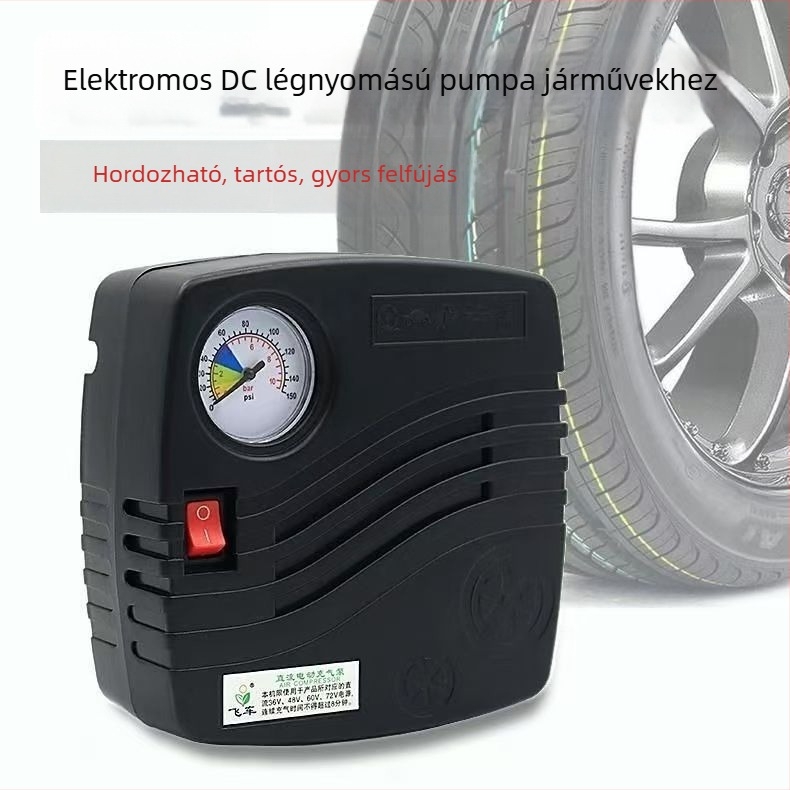 Autómentő légpumpa 12V-os áramellátással, 100W, 50 L/perc, 41 cm cső, guminyomásmérő