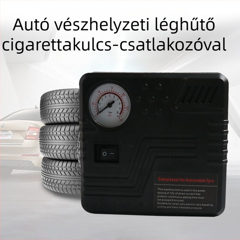 Autómentő légpumpa 12V-os áramellátással, 100W, 50 L/perc, 41 cm cső, guminyomásmérő