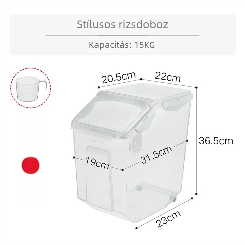 Japán stílusú rizstároló doboz, nedvességálló és rovarálló, zárható, PP műanyag, kapacitás több mint 10 liter