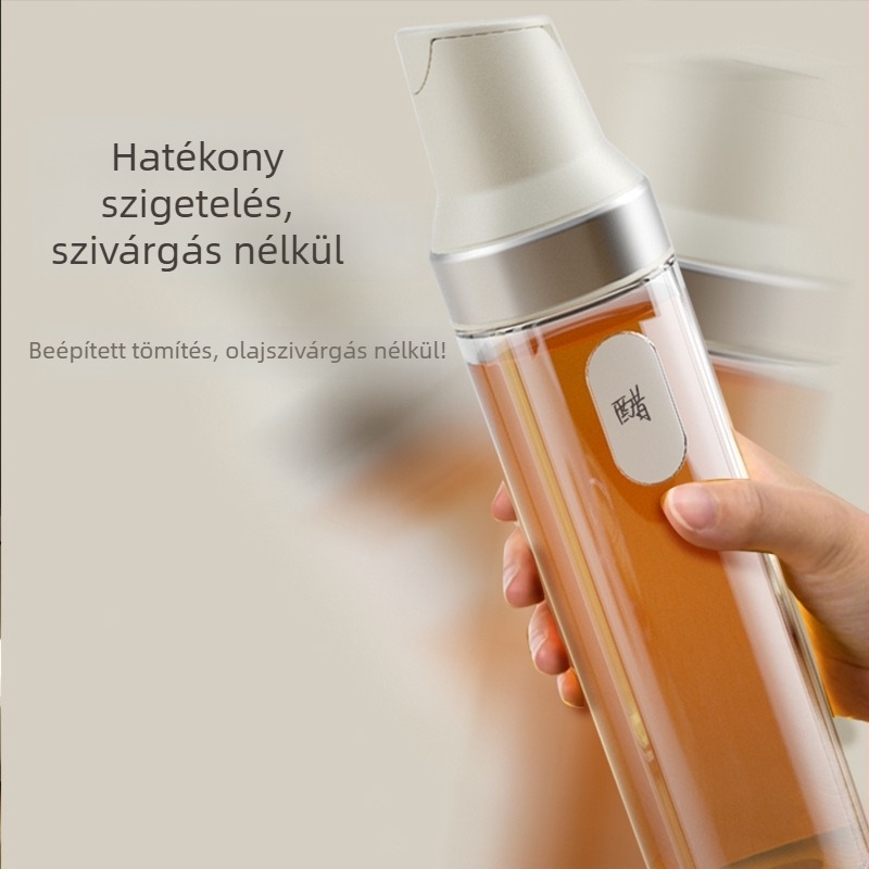 Üvegből készült olaj- és fűszeradagoló automatikus nyitás-zárás mechanizmussal, rozsdamentes acél szórófej