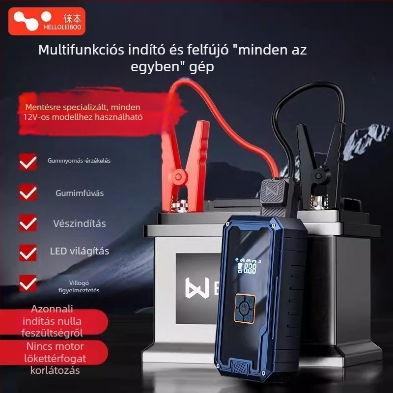Autó sürgősségi indító egység digitális kijelzővel, 12V Li‑Ion akkumulátor, gumiabroncs pumpa és USB töltés