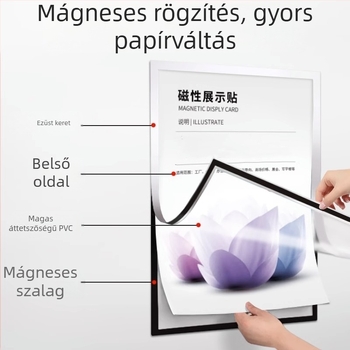 Mágnese falra szerelhető fájlkeret, átlátszó dokumentum-megjelenítő, műanyag kivitel, modell 1546298, állítható rögzítési méret, opcionális lemez vastagság