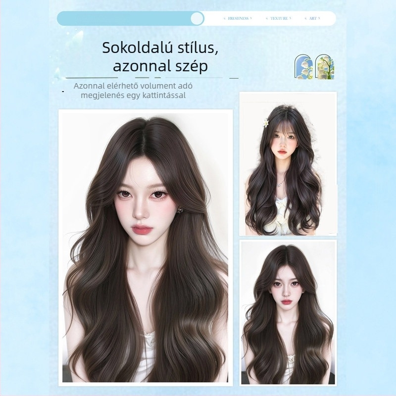 Hosszú göndör paróka nyolc karakteres frufruval, műszálból készült selyemhatású haj, Koreai stílus, fél-automatizált feldolgozás