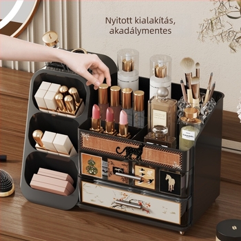Kozmetikai tároló az asztalhoz, nagy kapacitású fiókkal, porálló, ABS+PET anyagból, modern minimalist stílus, sminkecsetek tárolása