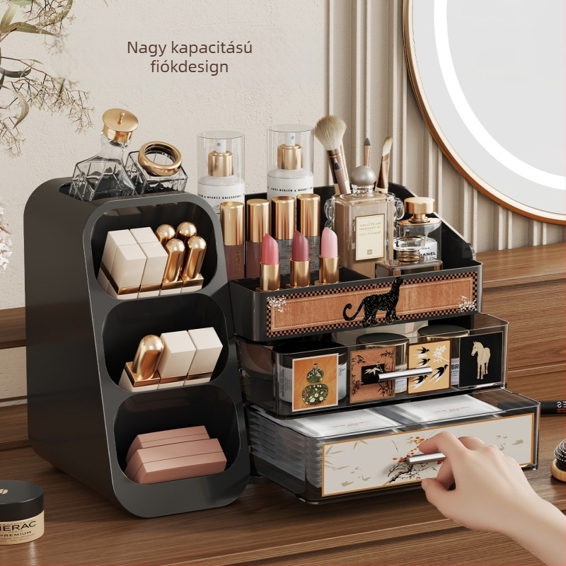 Kozmetikai tároló az asztalhoz, nagy kapacitású fiókkal, porálló, ABS+PET anyagból, modern minimalist stílus, sminkecsetek tárolása