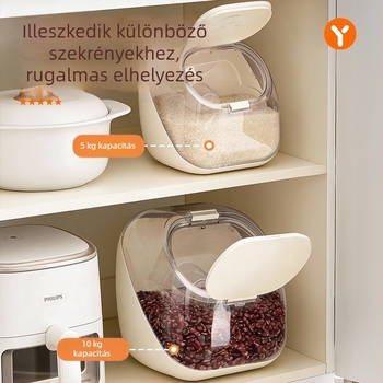 Élelmiszer-minőségű gabonatároló háztartási használatra, 5–6 L, lezárható, rovar- és nedvességálló, rizs és liszt tárolására, modern minimalista dizájn