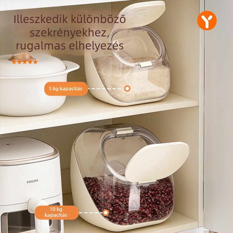 Élelmiszer-minőségű gabonatároló háztartási használatra, 5–6 L, lezárható, rovar- és nedvességálló, rizs és liszt tárolására, modern minimalista dizájn