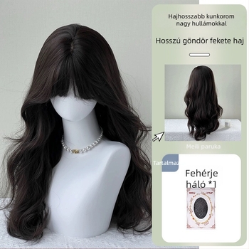 Női paróka hosszú, széles hullámú hajjal és egyenes frufruval, természetes fejbőr hatás, teljes fejfedelű paróka, modell MG-BL002-HS, hőálló rost, festhető vagy formálható hővel.