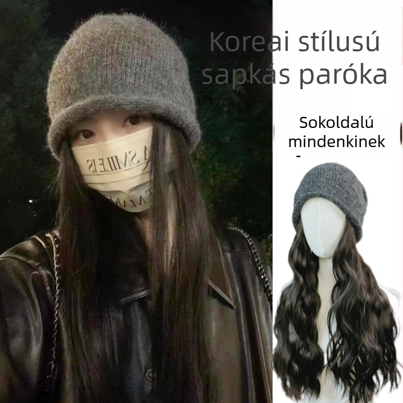 Beépített paróka sapkával nőknek hosszú hajjal, őszi–téli kötött sapka, laza sapka, nagy fejkerület, arcát optikailag karcsúsít
