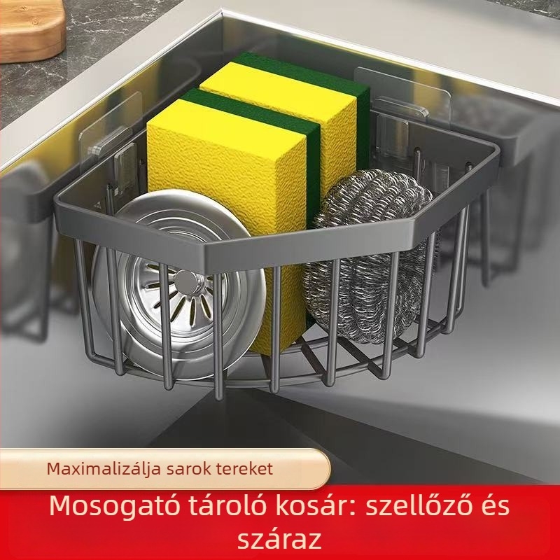Konyhai mosogató tároló, falra szerelhető háromszög alakú lefolyó kosárral, műanyagból; telepítés nélkül; modern, egyszerű dizájn