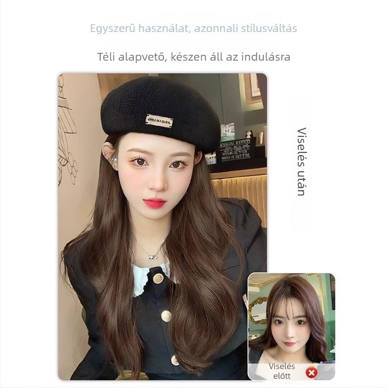 Női paróka beret-stílusú, hosszú göndör hajjal, integrált sapkával; hajanyag: fehérje-selyem; modell Iron beret long curly hair