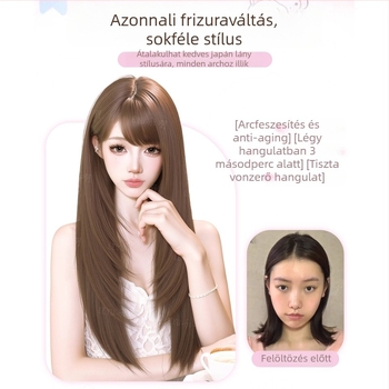 Paróka nőknek, valósághű teljes paróka hosszú göndör hajjal és hosszú frufival, koreai stílus, hőálló szintetikus rost, mindennapi természetes megjelenés
