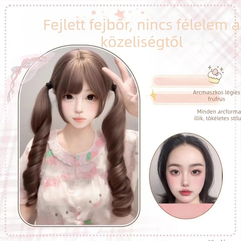 Lolita-stílusú hosszú göndör paróka frufruval és dupla copfokkal nőknek (hőálló rost; mechanikus feldolgozás; természetes stílus)