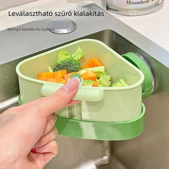 Szívókorongos, háromszög alakú lefolyókosár nyomásos szétválasztó szűrővel, konyhai maradékok tárolására, falra szerelhető, négyoldalú záródású modell
