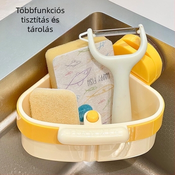 Szívókorongos, háromszög alakú lefolyókosár nyomásos szétválasztó szűrővel, konyhai maradékok tárolására, falra szerelhető, négyoldalú záródású modell