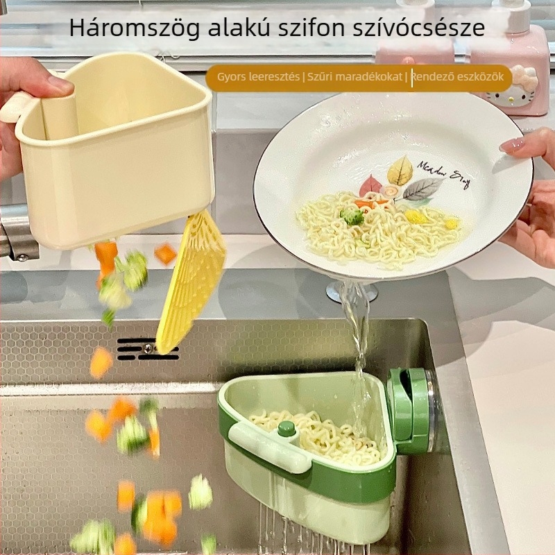 Szívókorongos, háromszög alakú lefolyókosár nyomásos szétválasztó szűrővel, konyhai maradékok tárolására, falra szerelhető, négyoldalú záródású modell