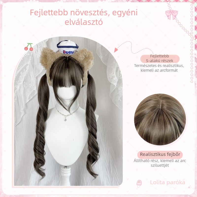 Hosszú göndör paróka frufruval, koreai stílus, hőálló szintetikus haj, He Guan
