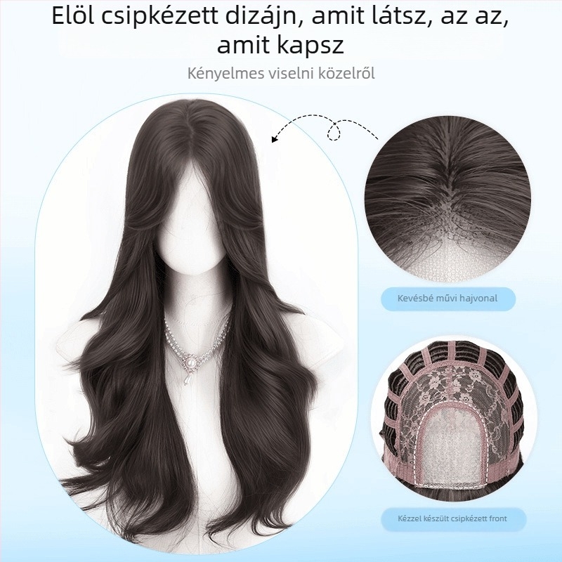 Hosszú göndör paróka elülső csipkés résszel, teljes fejfedés, hőálló rost