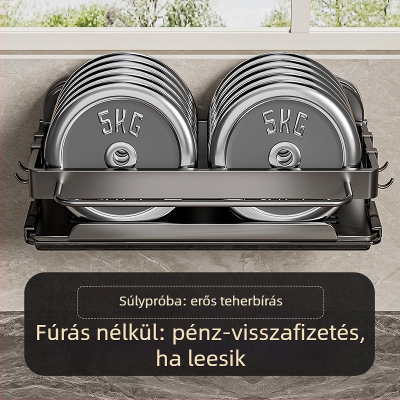 Rozsdamentes acél konyhai falra szerelhető állvány vákuumos rögzítéssel, tároló és kendők szárítására szolgáló kosárral