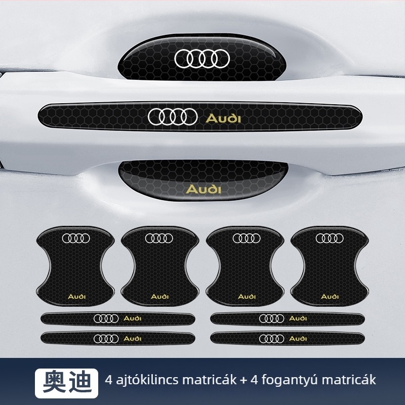 Autóajtó kilincshez illeszkedő anti-koccanó csík reflektív ragasztó matrica — Típus: Anti-Collision Strip; Anyag: TPE; Modell: Reflective Drop Adhesive Sticker; Alkalmazható modellek: Általános