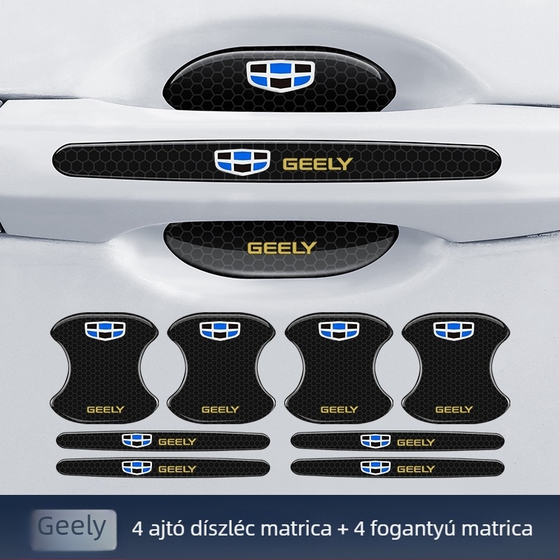 Autóajtó kilincshez illeszkedő anti-koccanó csík reflektív ragasztó matrica — Típus: Anti-Collision Strip; Anyag: TPE; Modell: Reflective Drop Adhesive Sticker; Alkalmazható modellek: Általános